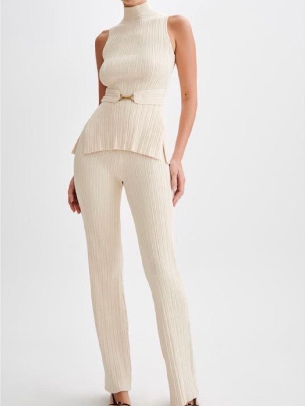 Meshki Cream Ribbed Straight Leg Pants